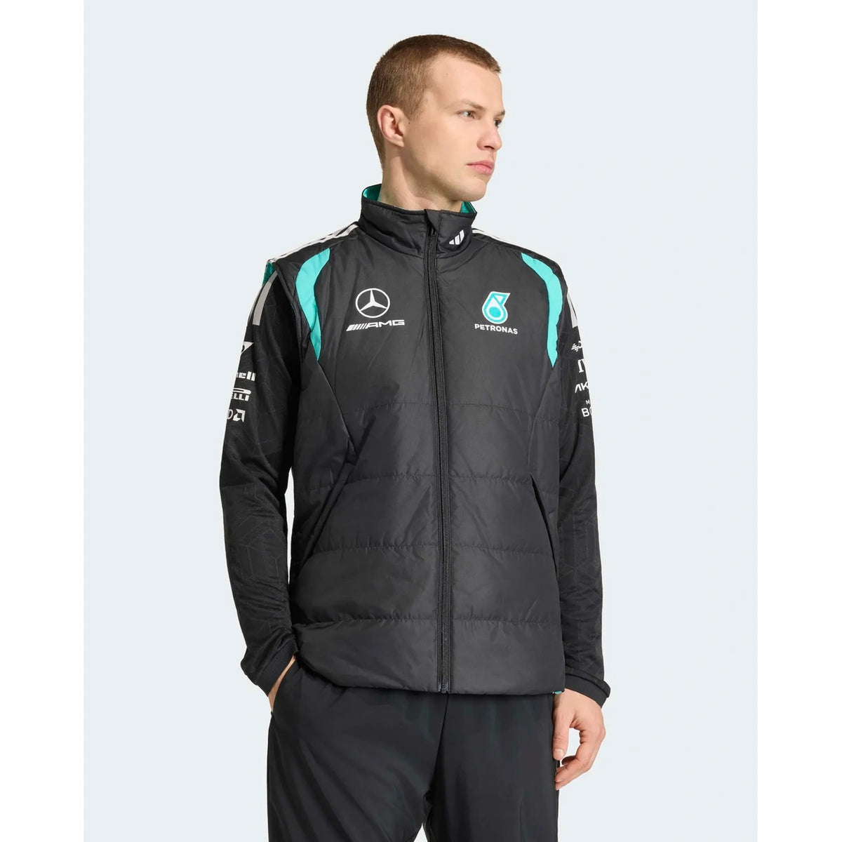 Mercedes AMG Petronas F1 mechanics vest front view worn by model