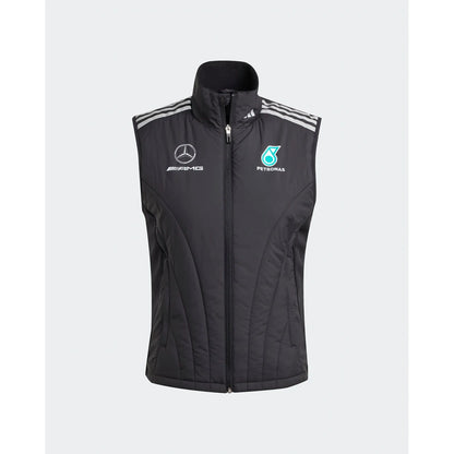A black sleeveless zip-up puffer vest featuring white stripes on the shoulders, the Mercedes-Benz logo on the right chest, and the Adidas logo on the left chest, set against a light gray background.