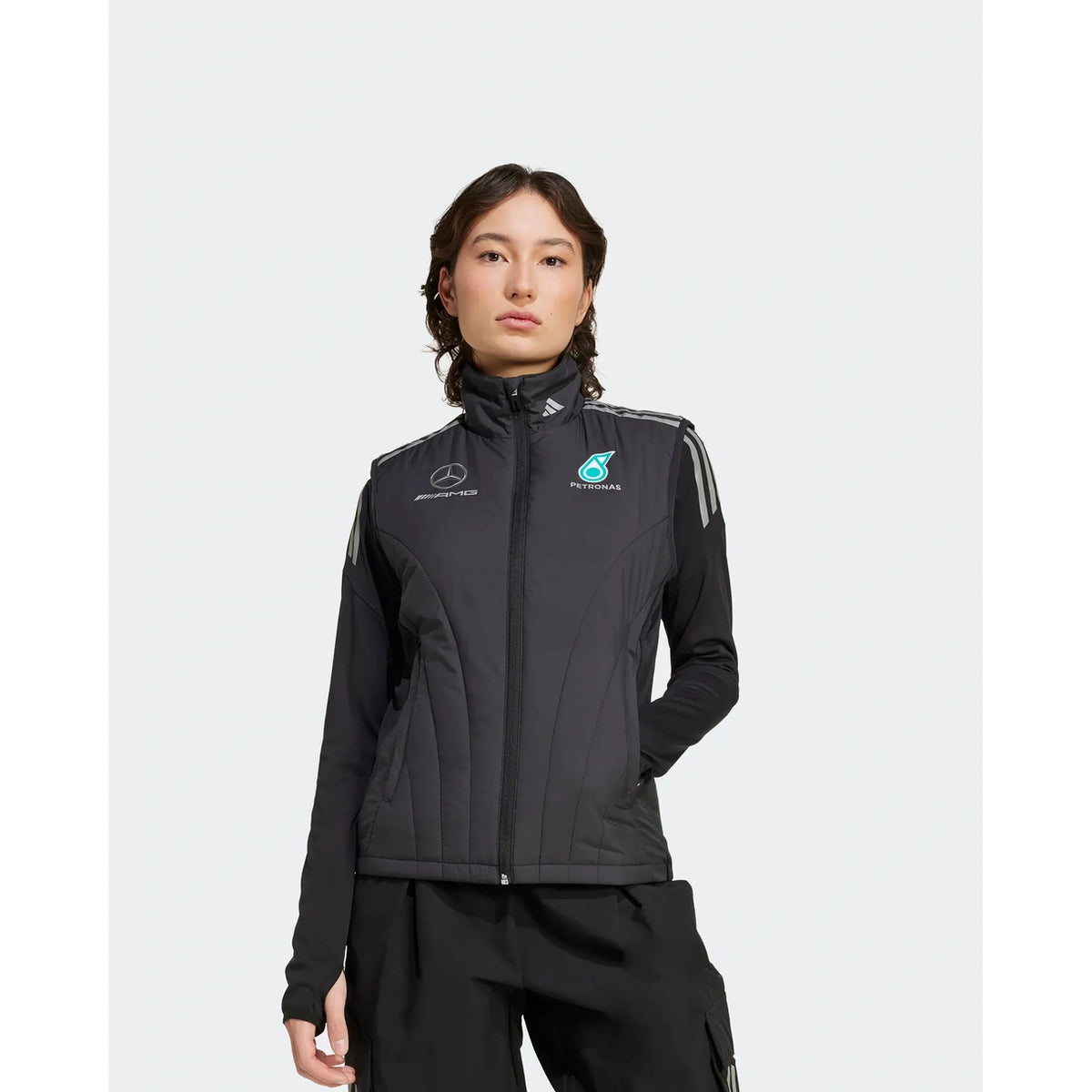 Women's 2025 black Mercedes F1 mechanics vest front view