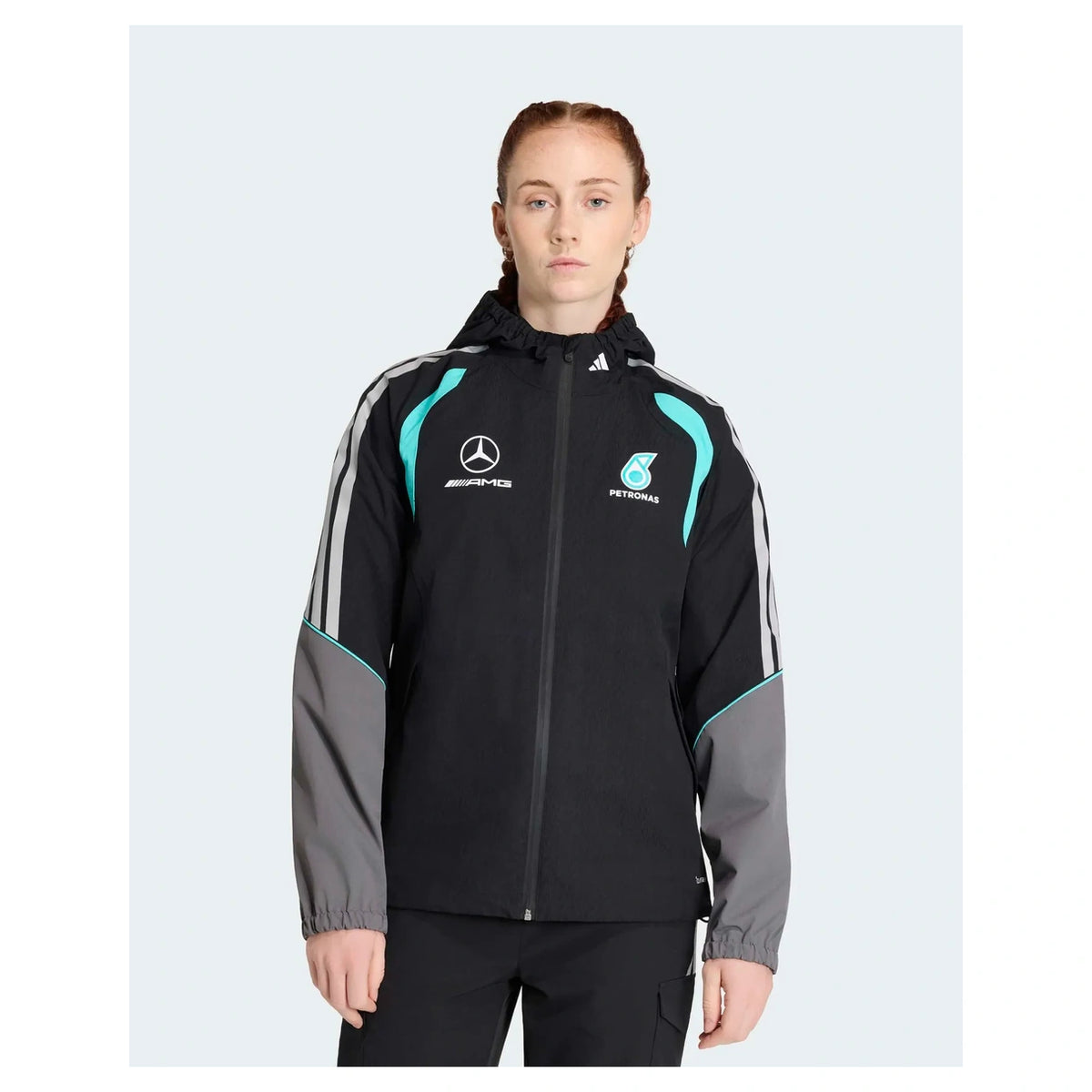 Women's 2026 Mercedes F1 mechanics rain jacket black front view