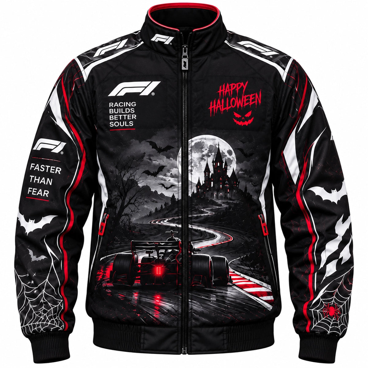 Front view of a black and red Halloween motorsport jacket with red Happy Halloween lettering, gothic castle and moon artwork, racing car print, white bat graphics, spiderweb sleeves and full zip closure.