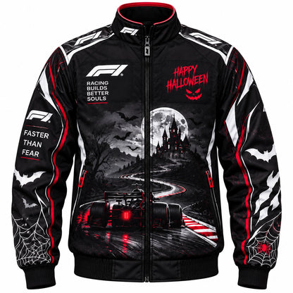 Front view of a black and red Halloween motorsport jacket with red Happy Halloween lettering, gothic castle and moon artwork, racing car print, white bat graphics, spiderweb sleeves and full zip closure.