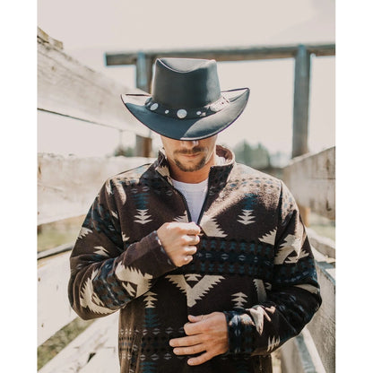Premium Black Leather Cowboy Hat – Western Outback Hat with Concho Band
