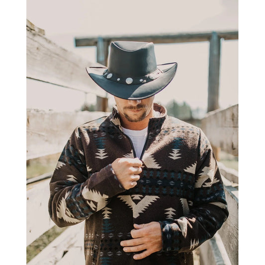 Premium Black Leather Cowboy Hat – Western Outback Hat with Concho Band