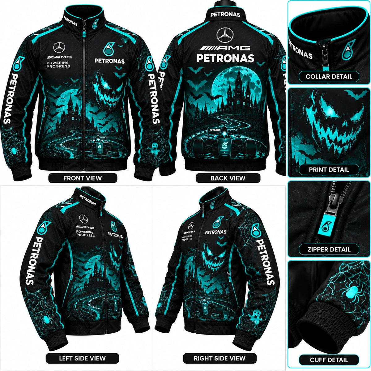 Petronas Halloween racing jacket front, back, left and right side views with turquoise Halloween graphics, racing car print, spiderweb sleeves, zip closure, and detailed collar and cuff design.