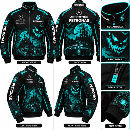 Petronas Halloween racing jacket front, back, left and right side views with turquoise Halloween graphics, racing car print, spiderweb sleeves, zip closure, and detailed collar and cuff design.