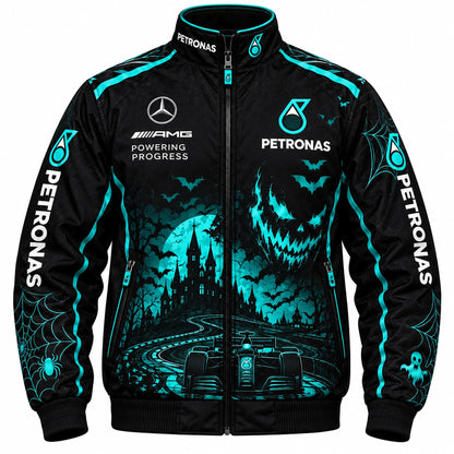Black and turquoise Petronas Halloween racing jacket front view featuring a full zip closure, motorsport-inspired logos, spooky pumpkin face graphic, bats, haunted castle, spiderweb sleeves, and ribbed cuffs.
