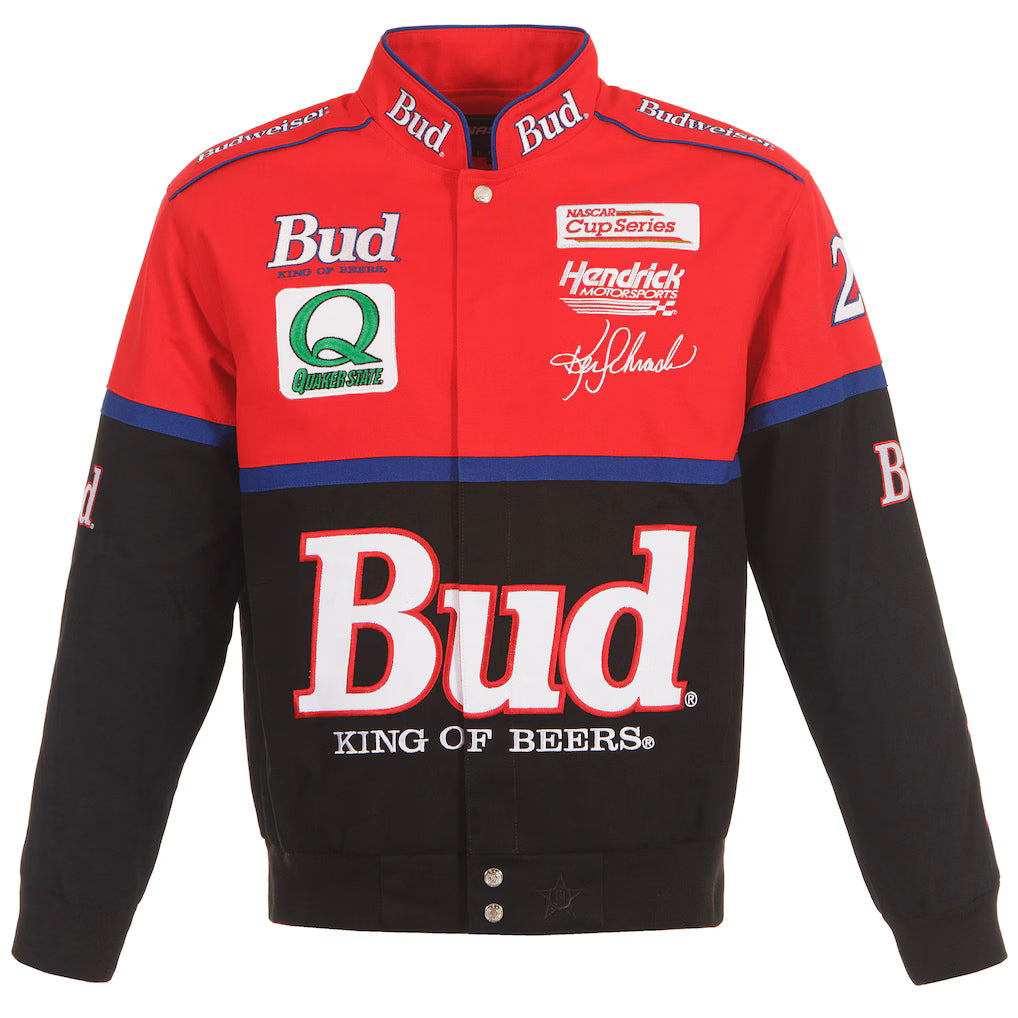Men's Ken Schrader JH Design Black/Red Bud King of Beers Twill Driver Uniform Full-Snap Jacket | Official NASCAR Racing Jacket