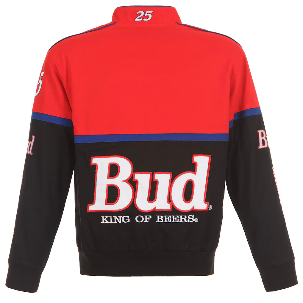 Men's Ken Schrader JH Design Black/Red Bud King of Beers Twill Driver Uniform Full-Snap Jacket | Official NASCAR Racing Jacket