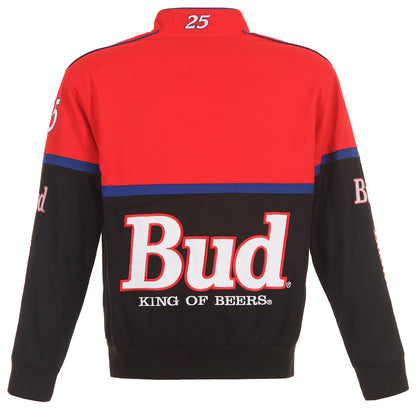 Men's Ken Schrader JH Design Black/Red Bud King of Beers Twill Driver Uniform Full-Snap Jacket | Official NASCAR Racing Jacket