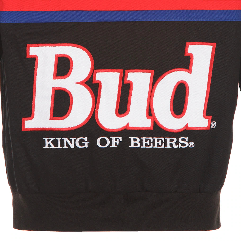 Men's Ken Schrader JH Design Black/Red Bud King of Beers Twill Driver Uniform Full-Snap Jacket | Official NASCAR Racing Jacket