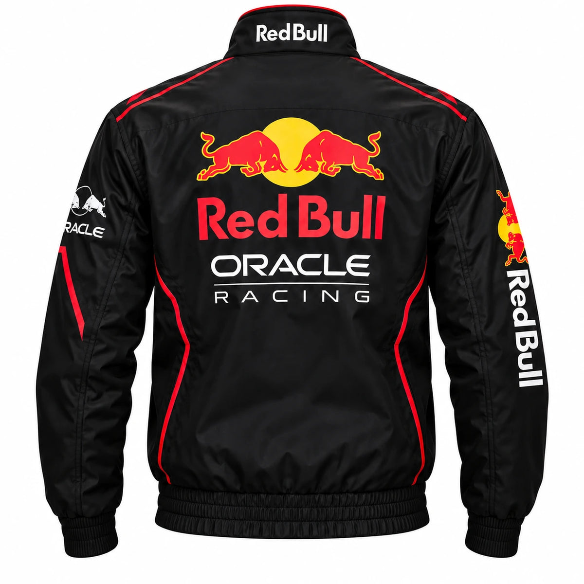 Black racing jacket back view with bold motorsport graphics, red detailing, high collar and ribbed hem.