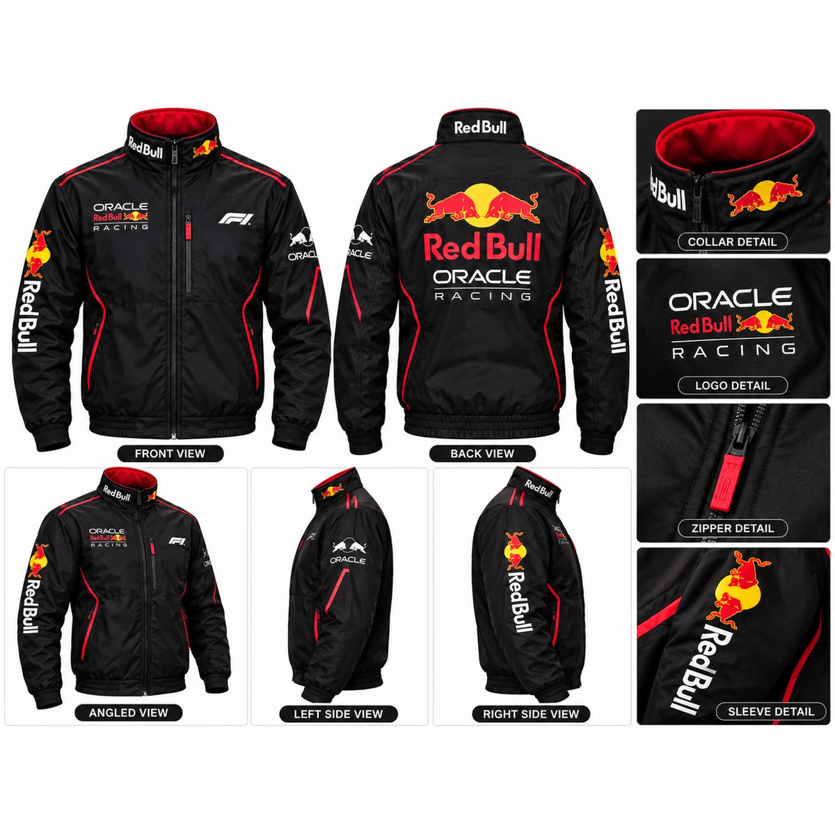 Black and red motorsport jacket collage showing front, back, side views and close-up details of the collar, zipper and sleeve graphics.