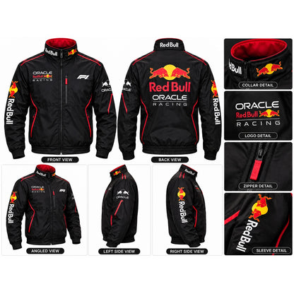 Black and red motorsport jacket collage showing front, back, side views and close-up details of the collar, zipper and sleeve graphics.