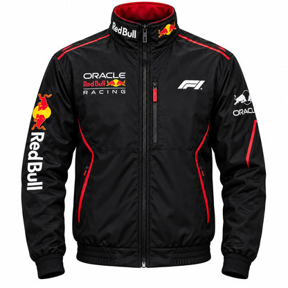 Black motorsport racing jacket front view featuring red piping, zippered pockets, high collar and racing-inspired graphics.