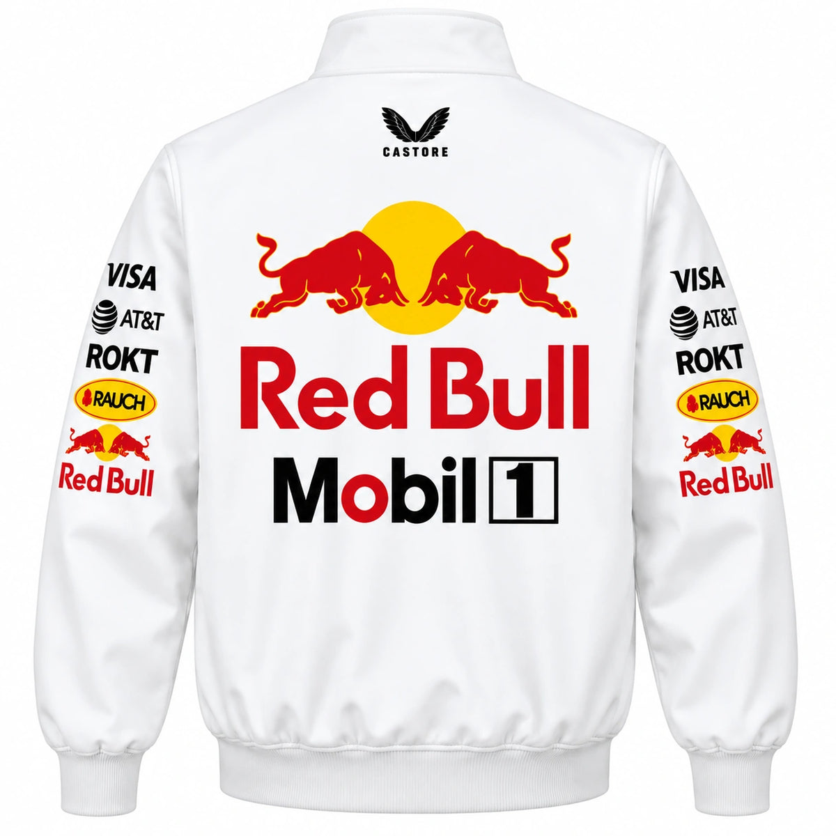 Red Bull Racing jacket back view with large Red Bull and Mobil 1 racing graphics on white bomber jacket