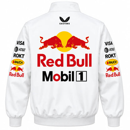 Red Bull Racing jacket back view with large Red Bull and Mobil 1 racing graphics on white bomber jacket