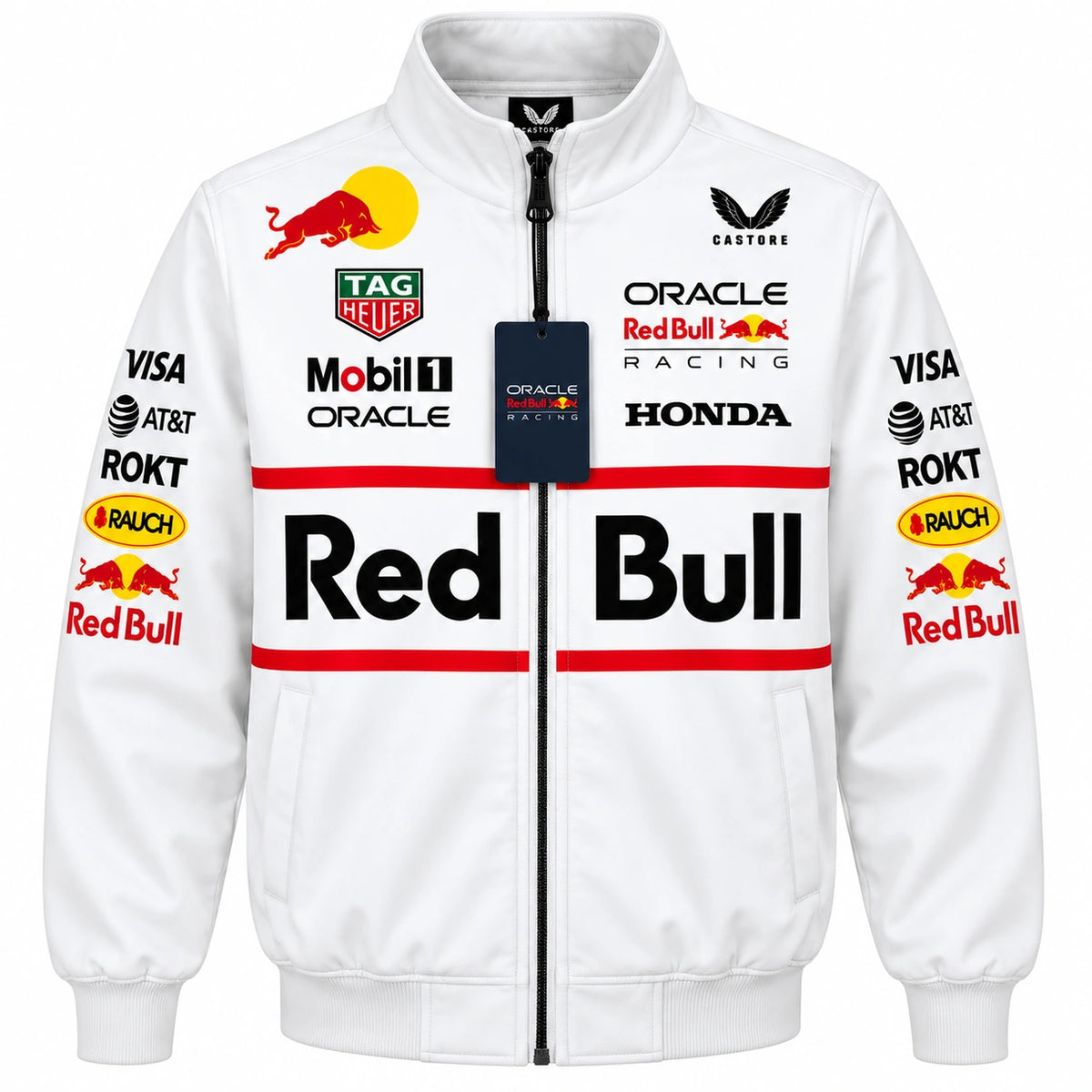Red Bull Racing jacket front view in white with red and black F1 racing graphics, sponsor details and full zip closure