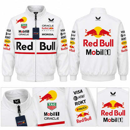 Red Bull Racing F1 jacket front and back views with close-up collar, sponsor graphics, sleeve details and racing branding on white background