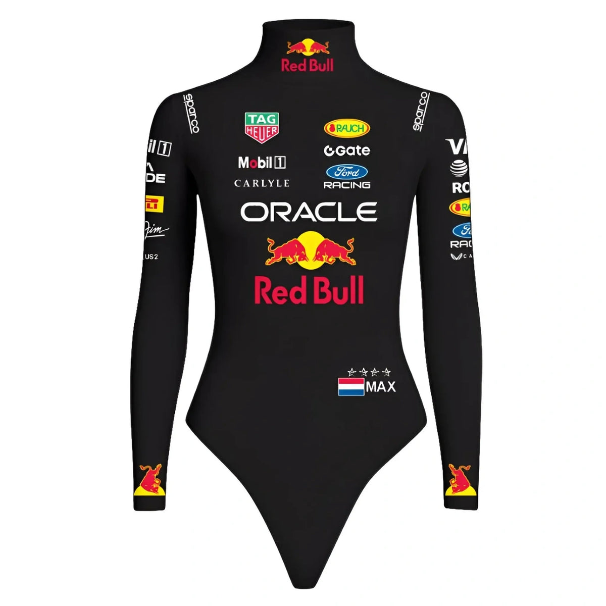 Women’s Black Racing Bodysuit | Long Sleeve Motorsport Style Bodysuit