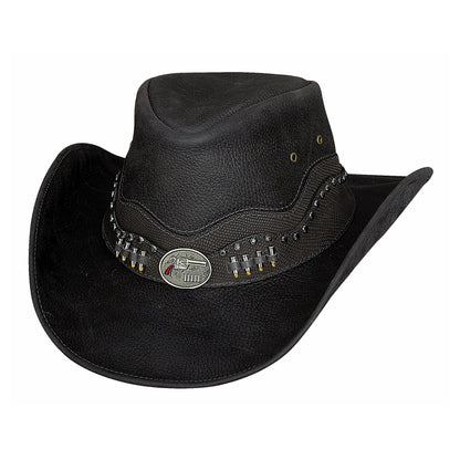 Black Leather Cowboy Hat with Western Gun Holster Style & Studded Band