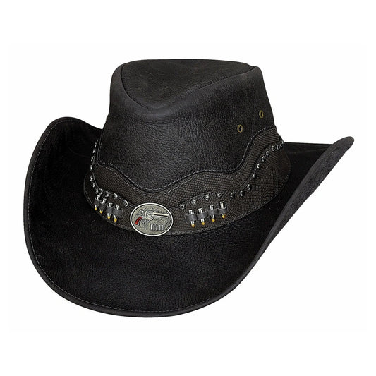 Black Leather Cowboy Hat with Western Gun Holster Style & Studded Band