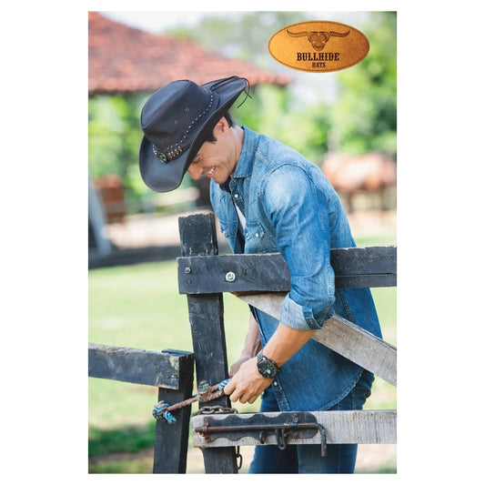 Black Leather Cowboy Hat with Western Gun Holster Style & Studded Band
