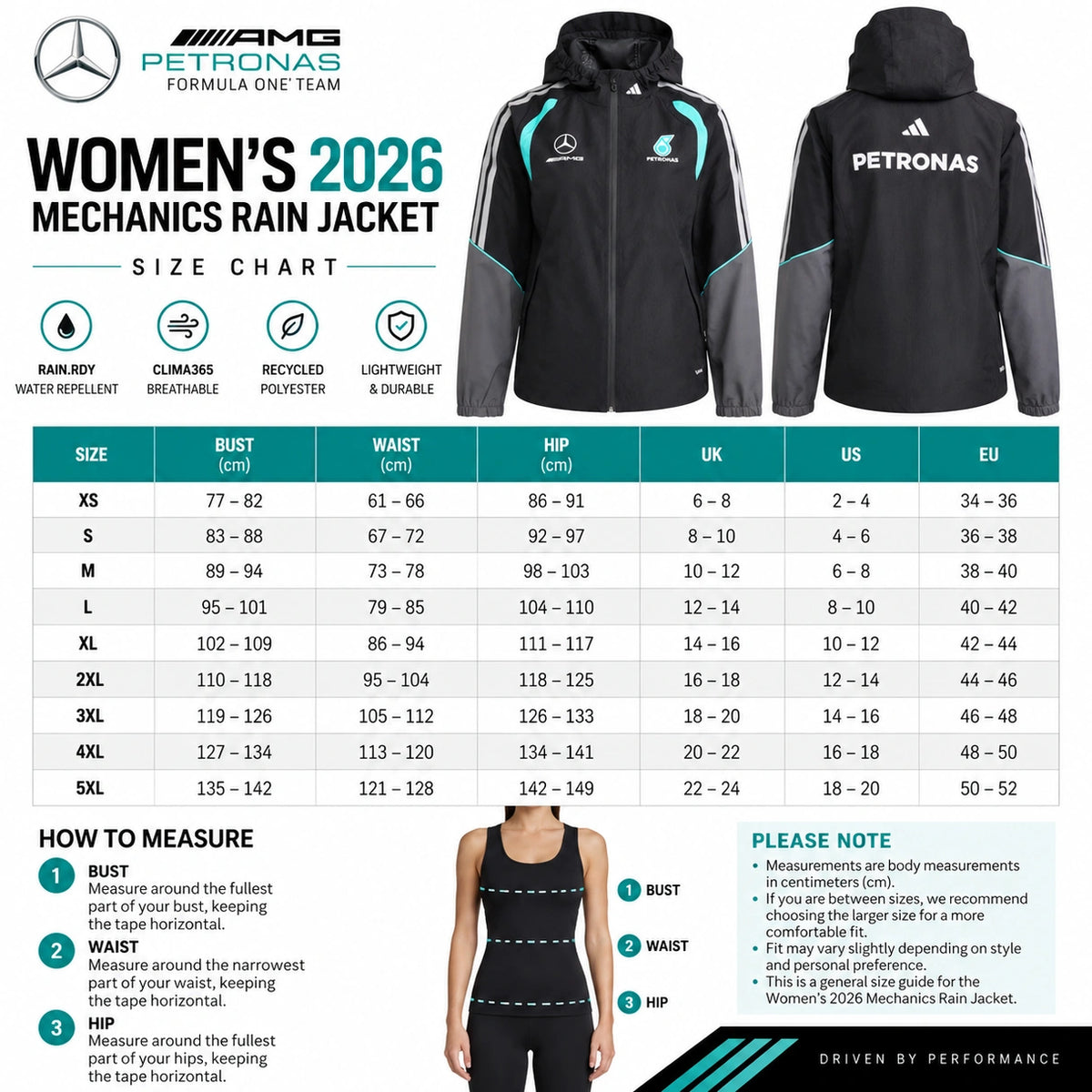 Women's 2026 Mercedes F1 Mechanics Rain Jacket Black