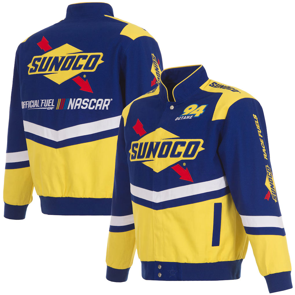 Men's NASCAR JH Design Royal/Yellow Sunoco Full-Snap Twill Uniform Jacket | Official Racing Team Varsity Jacket